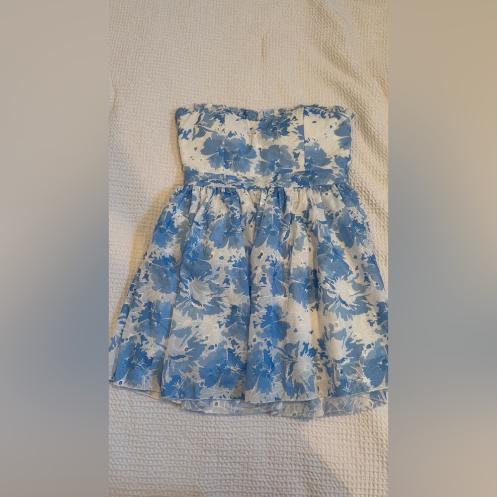 Floral Blue and White Strapless Dress